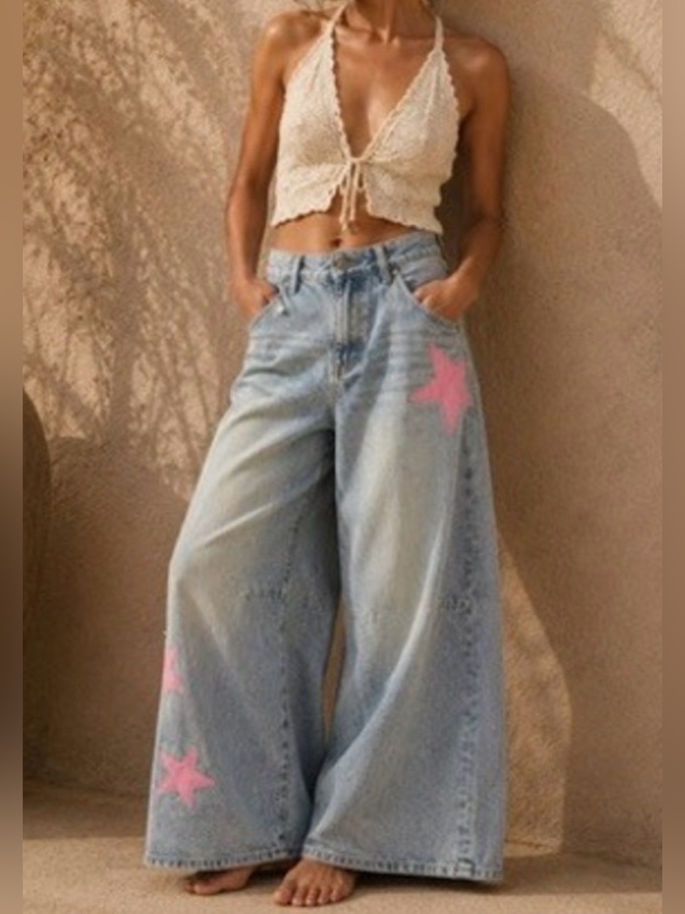 NWOT Edikted Trish Star Low Rise Wide Leg Jeans size large pink star patch’s